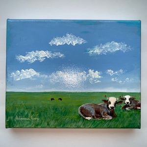 Original cows in pasture painting size 8”x10” handmade gloss varnished farm SOLD